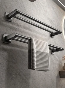 Bathroom No-Drill Double Pole Towel Rack & Slipper Holder, Black 1pc - Black - View 2