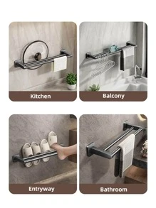 Bathroom No-Drill Double Pole Towel Rack & Slipper Holder, Black 1pc - Black - View 4