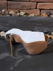 Giày cao gót đế bệt 16CM Sequin Peep Toe cho Nữ - trắng - Xem 6