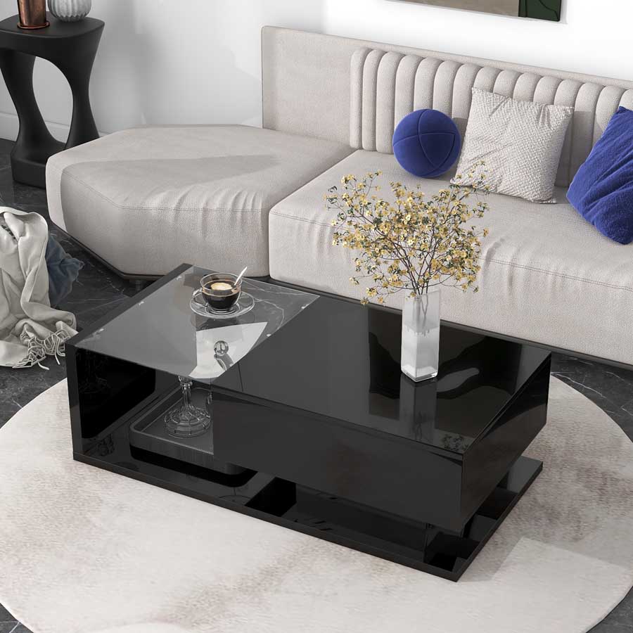 MERAX Modern Coffee Table With Tempered Glass, Wooden Cocktail Table With High-Gloss UV Surface, Modernist 2-Tier Rectangle Center Table For Living Room,Wood Coffee Tables,Living Room Table - 黑色 - 查看 1