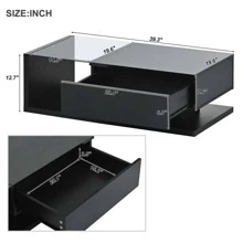 MERAX Modern Coffee Table With Tempered Glass, Wooden Cocktail Table With High-Gloss UV Surface, Modernist 2-Tier Rectangle Center Table For Living Room,Wood Coffee Tables,Living Room Table - 黑色 - 查看 7