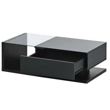 MERAX Modern Coffee Table With Tempered Glass, Wooden Cocktail Table With High-Gloss UV Surface, Modernist 2-Tier Rectangle Center Table For Living Room,Wood Coffee Tables,Living Room Table - 黑色 - 查看 9