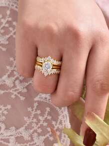 AIHUASI 2pcs/Set Yellow Gold Engagement Rings For Women Solid 925 Sterling Silver Brilliant 7*7mm 1.25 Ct Round Cut High Grade Cubic  Bridal Set Wedding Fine Jewelry Valentines Gift - Yellow Gold - View 9