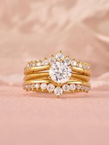 AIHUASI 2pcs/Set Yellow Gold Engagement Rings For Women Solid 925 Sterling Silver Brilliant 7*7mm 1.25 Ct Round Cut High Grade Cubic  Bridal Set Wedding Fine Jewelry Valentines Gift - Yellow Gold - View 4