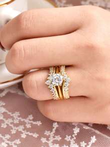 AIHUASI 2pcs/Set Yellow Gold Engagement Rings For Women Solid 925 Sterling Silver Brilliant 7*7mm 1.25 Ct Round Cut High Grade Cubic  Bridal Set Wedding Fine Jewelry Valentines Gift - Yellow Gold - View 10