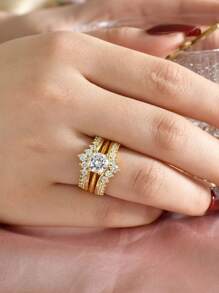 AIHUASI 2pcs/Set Yellow Gold Engagement Rings For Women Solid 925 Sterling Silver Brilliant 7*7mm 1.25 Ct Round Cut High Grade Cubic  Bridal Set Wedding Fine Jewelry Valentines Gift - Yellow Gold - View 3