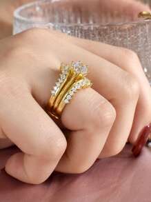 AIHUASI 2pcs/Set Yellow Gold Engagement Rings For Women Solid 925 Sterling Silver Brilliant 7*7mm 1.25 Ct Round Cut High Grade Cubic  Bridal Set Wedding Fine Jewelry Valentines Gift - Yellow Gold - View 8