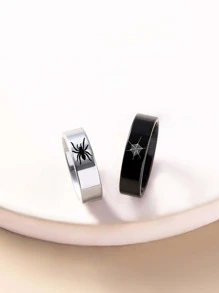 suteyi 2 件不锈钢蜘蛛印花情侣戒指，万圣节蜘蛛黑戒指 - 黑與白 - 查看 2
