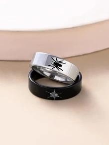 suteyi 2 件不锈钢蜘蛛印花情侣戒指，万圣节蜘蛛黑戒指 - 黑與白 - 查看 4