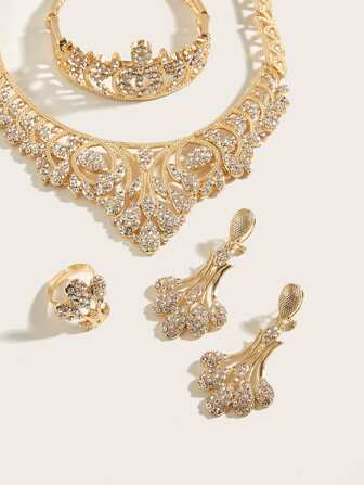 Set de 5 piezas de joyas elegantes para boda, incluyendo corona con gemas, collar, brazalete, aretes y anillo, regalo para la novia