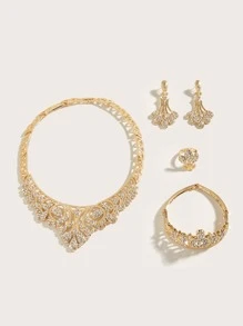 Bộ trang sức cưới thanh lịch 5 món đá quý vương miện cho phụ nữ dự tiệc vòng cổ vòng tay hoa tai nhẫn quà tặng bạn gái - Vàng - Xem 3