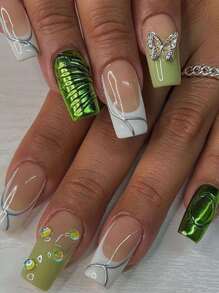 24入組中長期綠色方形法語蝴蝶水鑽假指甲帶膠黏劑,1入組指甲銼和1入組果凍膠水包括 - 彩色 - 查看 1