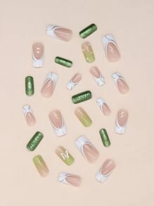 24入組中長期綠色方形法語蝴蝶水鑽假指甲帶膠黏劑,1入組指甲銼和1入組果凍膠水包括 - 彩色 - 查看 3
