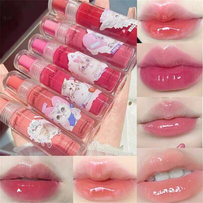 1只6種顏色果凍唇彩,具有閃亮潤澤效果,持久防污染,可愛貓印花
