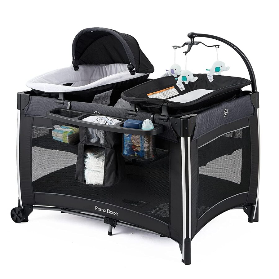 Pamo Babe 4 In 1 Portable Baby Crib Deluxe  Foldable Travel Playard With Bassinet, Mattress, Changing Table For Newborn, Infant, Toddler - màu đen - Xem 1