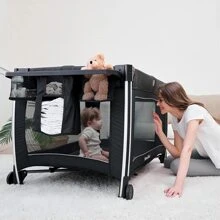 Pamo Babe 4 In 1 Portable Baby Crib Deluxe  Foldable Travel Playard With Bassinet, Mattress, Changing Table For Newborn, Infant, Toddler - màu đen - Xem 5