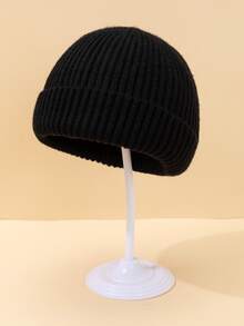 1pc Unisex Short Brim Ins Style Solid Basic Warm Knitted Beanie - Black - View 2