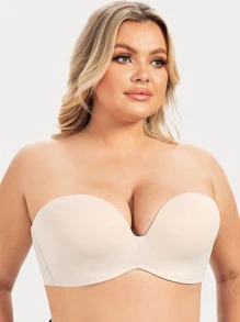 Plus Wireless Plain Push Up Strapless Bra - Beige - View 1