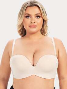 Plus Wireless Plain Push Up Strapless Bra - Beige - View 3
