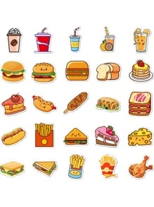 50pcs Waterproof Cartoon Burger & Dessert Stickers For Decoration, Small Gift For Food Box & Coffee Cup