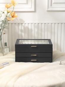 1 Miếng Sang trọng Lớn chất liệu da PU 3 Lớp Ngăn kéo Hộp đồ trang sức Với Trong suốt Nắp Đồ kim hoàn Nhẫn Hoa tai Dây chuyền Đồng hồ Qủa tặng Hộp đựng - màu đen - Xem 3