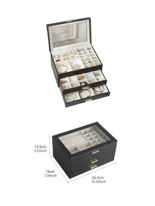 1 Miếng Sang trọng Lớn chất liệu da PU 3 Lớp Ngăn kéo Hộp đồ trang sức Với Trong suốt Nắp Đồ kim hoàn Nhẫn Hoa tai Dây chuyền Đồng hồ Qủa tặng Hộp đựng - màu đen - Xem 5