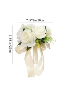婚禮新娘捧花,緞帶人造玫瑰花 - 白色 - 查看 3