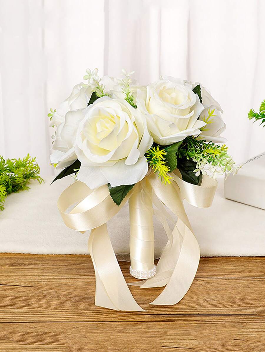 婚禮新娘捧花,緞帶人造玫瑰花 - 白色 - 查看 1