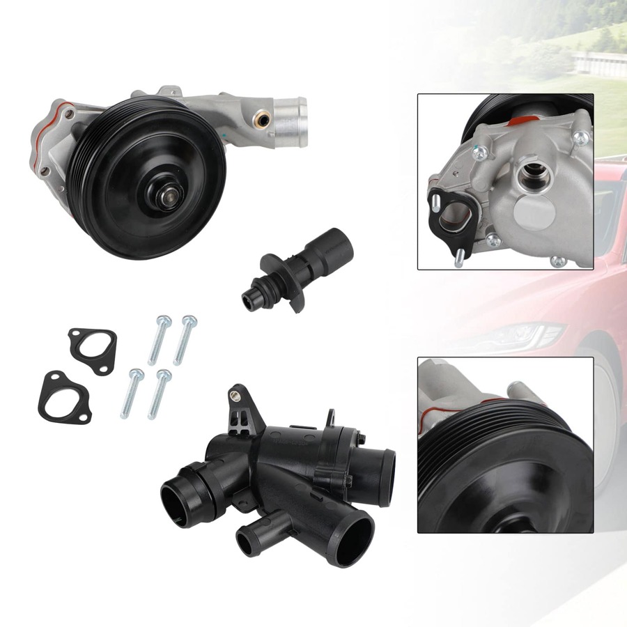 Water Pump w/ Bolts Gaskets Connector + Thermostat Kit For Jaguar Land