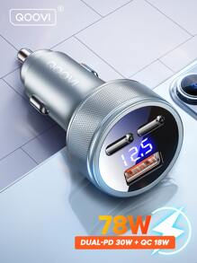 QOOVI 78W 雙口 USB Type C 車充 快充 3.0 PD4.0 快速充電 3 口智慧數字顯示汽車充電器，相容於 IPhone 14 13 Pro 三星 S23 S21 小米 - 銀色 - 查看 1