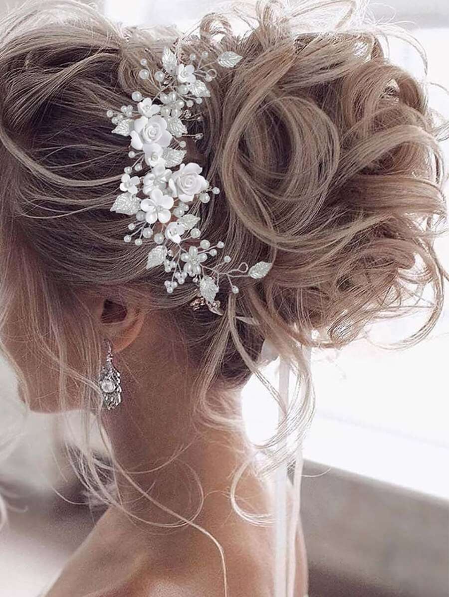 1pc Women's Elegant Floral Crystal Handmade Hair Chain, Suitable For Wedding, Party, Gathering Valentine's Day Accessories - White - View 1