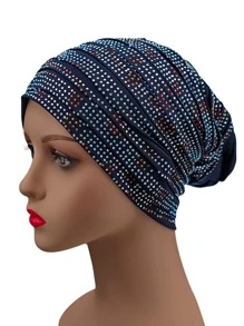 1pc Ladies' Multiple Fold Rhinestone-embellished Turban Hat, Suitable For Daily Wear - Navy Blue - View 1