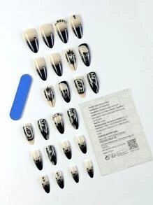 万圣节 24 件杏仁形华丽水钻设计假指甲套装，全覆盖，长指甲，可拆卸，适用于派对、舞蹈、日常佩戴按压指甲美甲用品