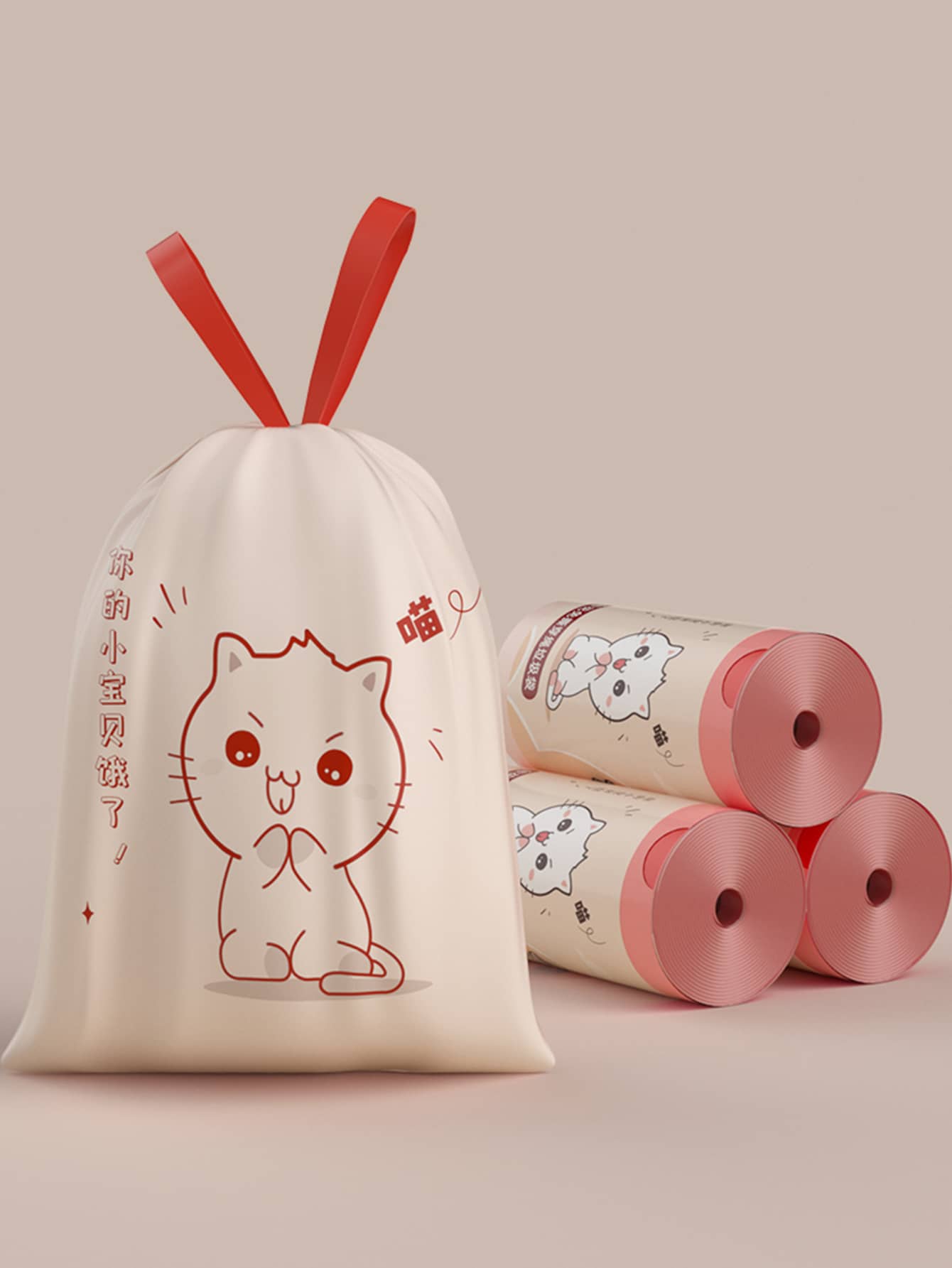 1卷可愛貓樣式抽繩厚垃圾袋 - 白色 - 查看 1