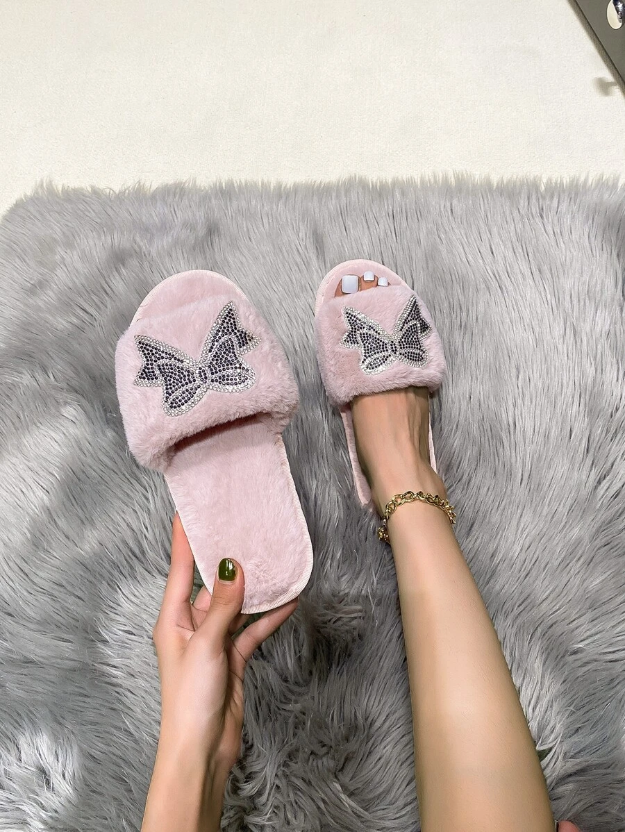 Women's Bedroom Slippers With Glittering Rhinestone Embellishment - Pink - View 1