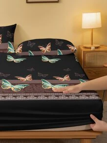 1 件简约花卉图案透气床垫罩和防尘床罩，亲肤 - 彩色 - 查看 2