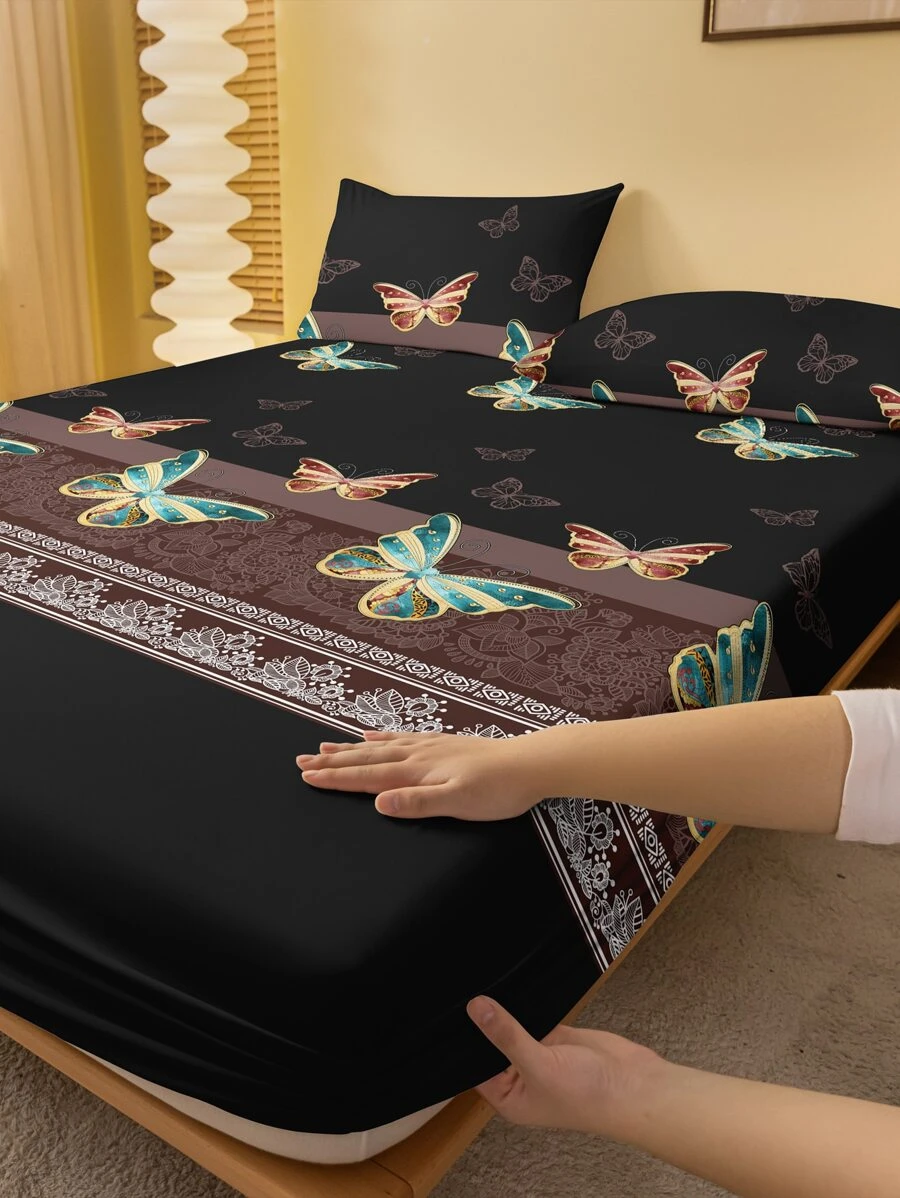 1 件简约花卉图案透气床垫罩和防尘床罩,亲肤 - 彩色 - 查看 1