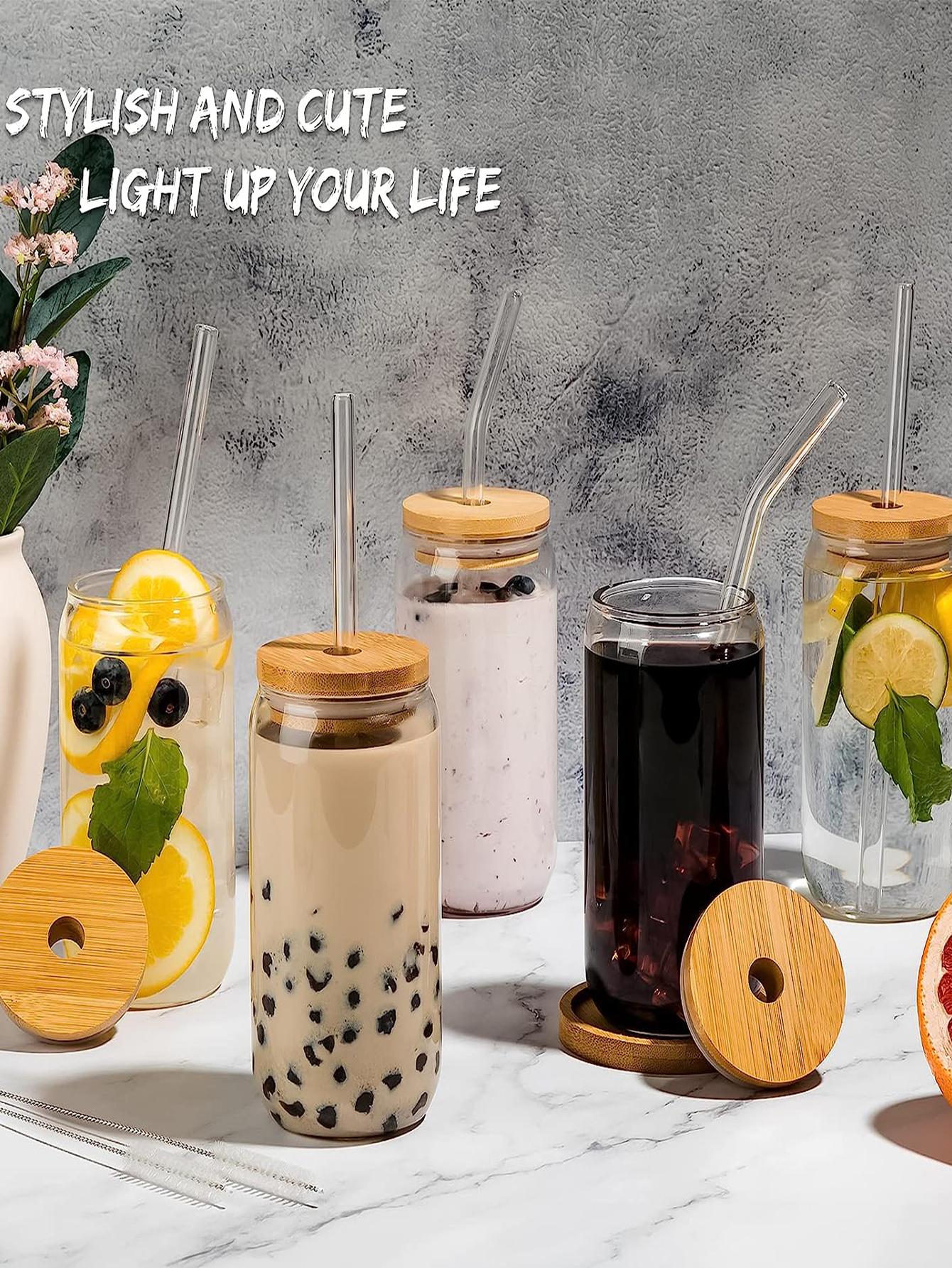 Verre Coupe Avec Bambou Couvercles Et Verre Paille Glacé Café Verre , 1