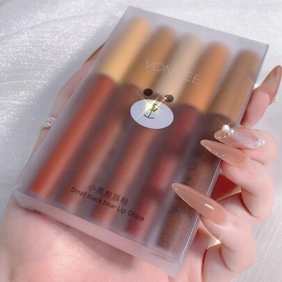 5 piezas/set Brillo de labios con diseño de oso mate , de terciopelo , no pegajoso , fácil a aplicar , larga duración , brillante