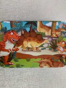 1盒包含60入組金屬盒裝恐龍拼圖派對玩具,帶卡通設計七巧板拼圖玩具木玩具