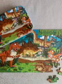 1盒包含60入組金屬盒裝恐龍拼圖派對玩具,帶卡通設計七巧板拼圖玩具木玩具