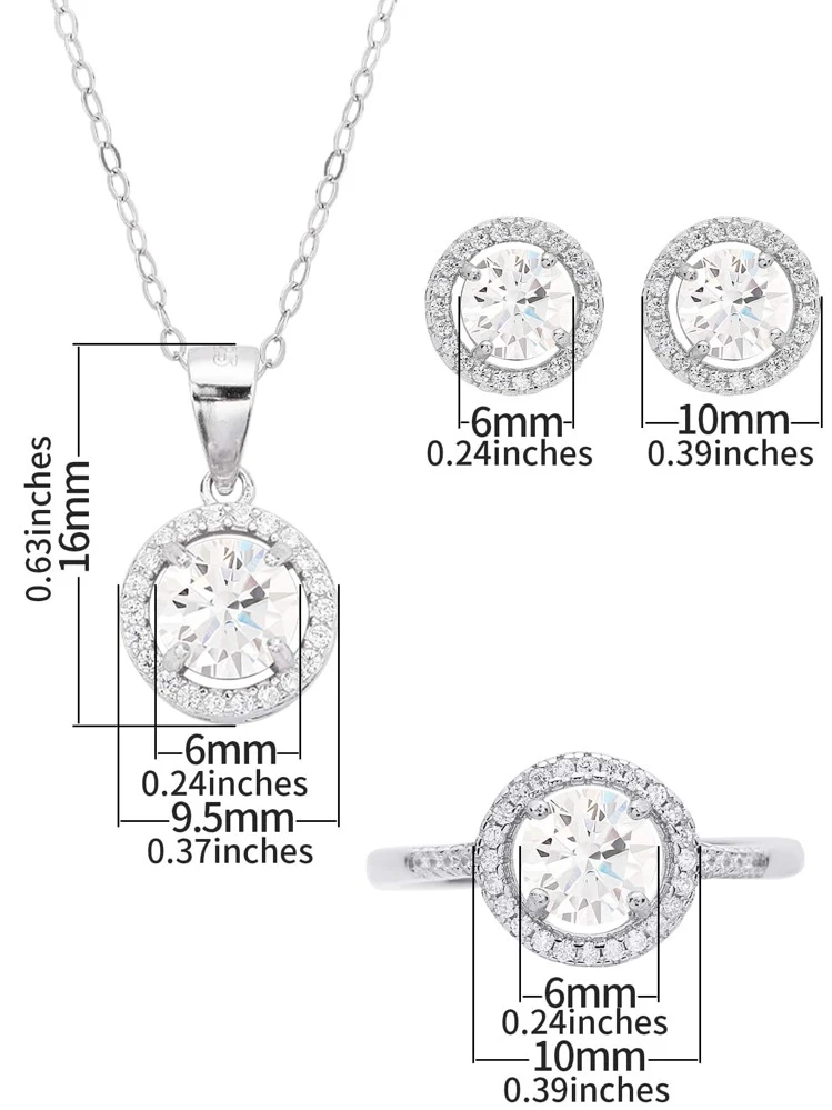 1Set Elegant Halo Round White Cubic Zirconia Solid 925 Sterling Silver Ring Necklace Studs Earrings Jewelry Set - 1Set Ring Necklace Earrings - View 3