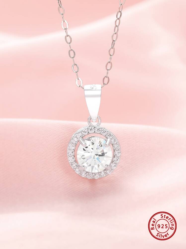 1Set Elegant Halo Round White Cubic Zirconia Solid 925 Sterling Silver Ring Necklace Studs Earrings Jewelry Set - 1Set Ring Necklace Earrings - View 7