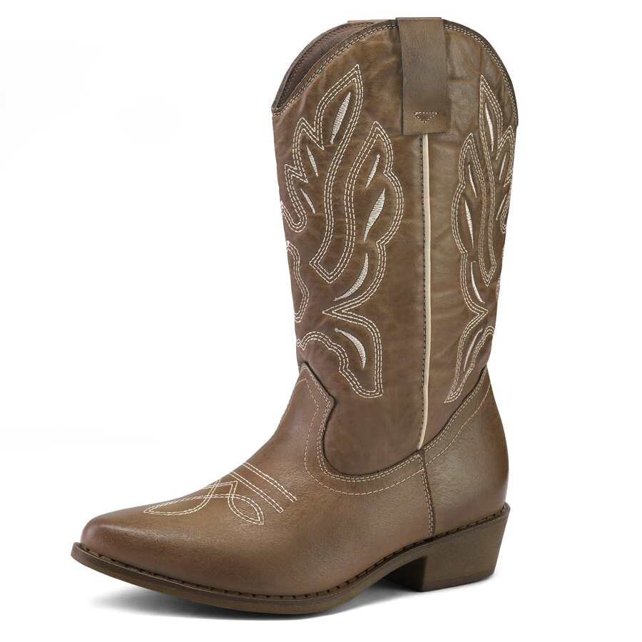 PENNYSUE Women Western Cowboy Boots Embroidered Mid-Calf Pointed Toe Cowgirl Boot - 卡其色 - 查看 1