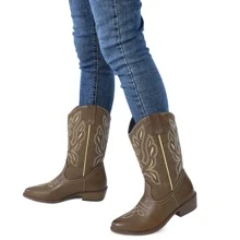 PENNYSUE Women Western Cowboy Boots Embroidered Mid-Calf Pointed Toe Cowgirl Boot - 卡其色 - 查看 6