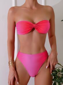 Women's Two Pieces Bikini Set, Gradient Twist Bandeau Bikini With Unique Design Strapless Bikini Set Summer Beach - Hot Pink - View 2