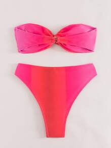 Women's Two Pieces Bikini Set, Gradient Twist Bandeau Bikini With Unique Design Strapless Bikini Set Summer Beach - Hot Pink - View 7