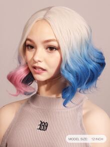 Tóc giả hóa trang Enid cho phụ nữ Kiểu tóc ngắn thứ tư, Tóc giả bob vàng gợn sóng Ombre với phần đầu màu hồng và xanh, Tóc giả tổng hợp cho tiệc hóa trang Halloween Anime - Màu dương cầm - Xem 2