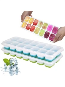 Ice Cube Tray, 2 Packs Silicone Ice Tray, 14 Ice Cube Molds with Lids, Stackable Ice Cube Molds for Chilling Drinks, Whiskeys, Cocktails (Blue + Green) - Apricot - View 1