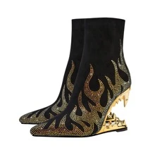 YIYA Women's Sexy Rhinestone Boots with Flame Texture, Pointed Toe Beast Teeth Wedge Heeled Ankle Booties,Fashion Banquet Dress High Heels Shoes - màu đen - Xem 4